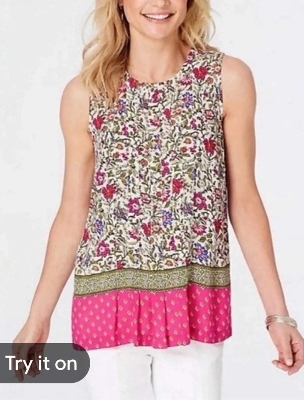 8/$20 J. Jill blouse Floral Sleeveless Tunic White, Pink & Green Small Petite